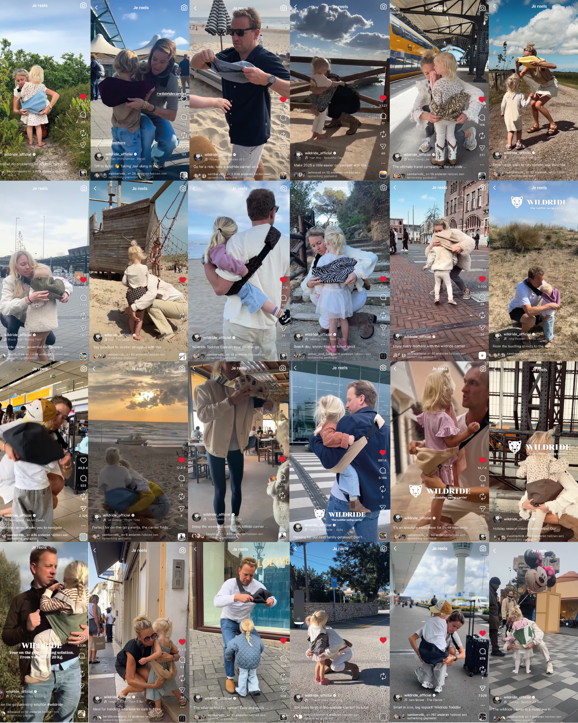 Wildride viral Reels collage highlighting the best toddler carrier for travel, city trips and everyday parenting