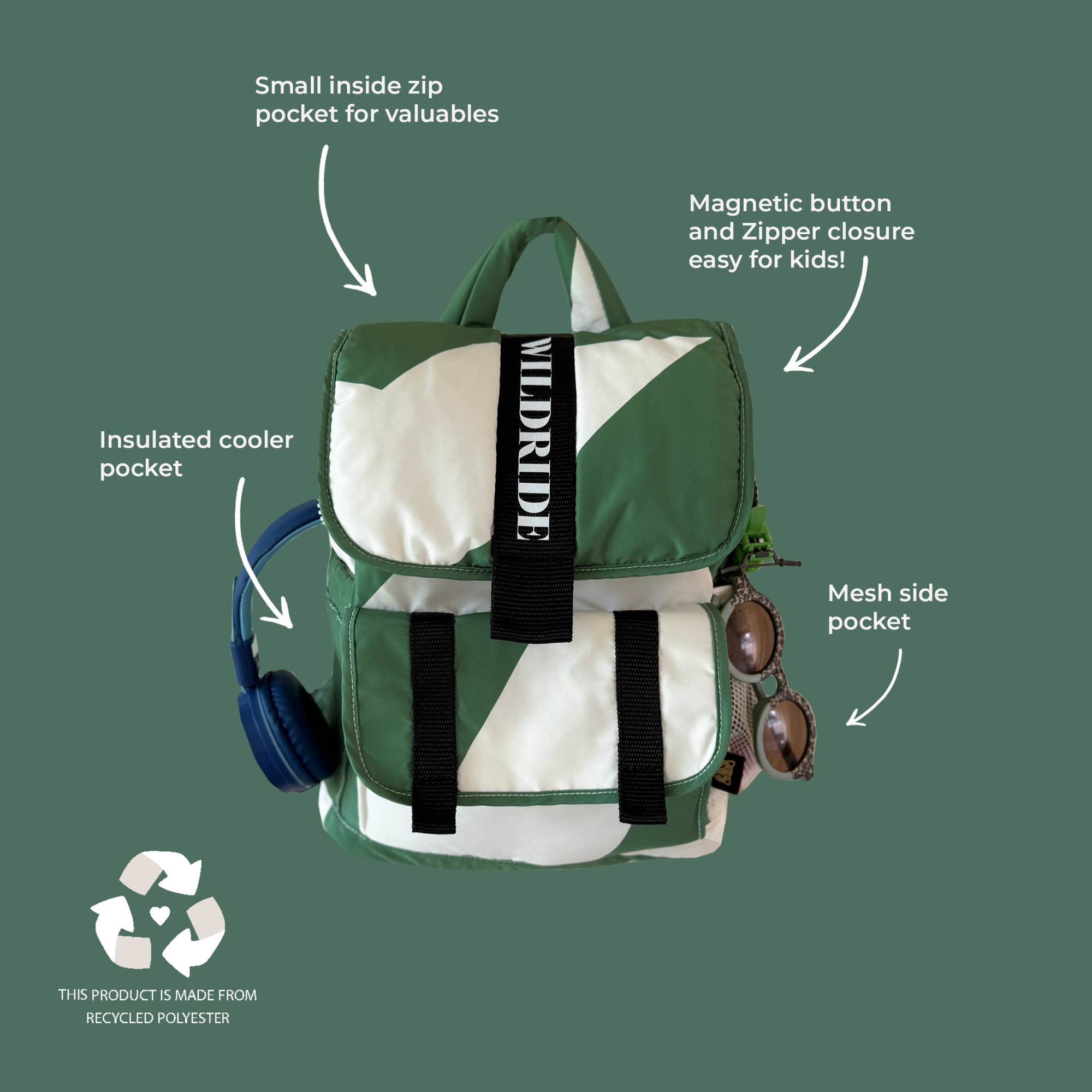 Wildride USA Recycled Kids Backpack Green Graphic Wildride USA Recycled Kids Backpack Green Graphic